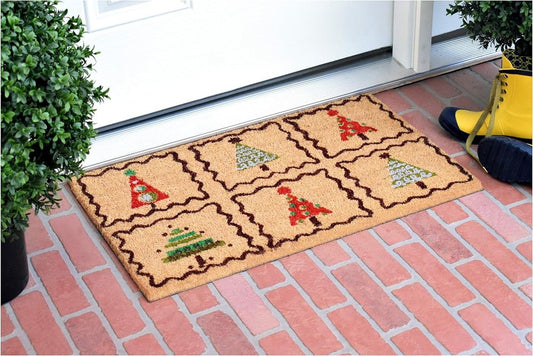 17" X 29" Natural Red and Black Coir Christmas Trees Outdoor Christmas Door Mat HomeRoots