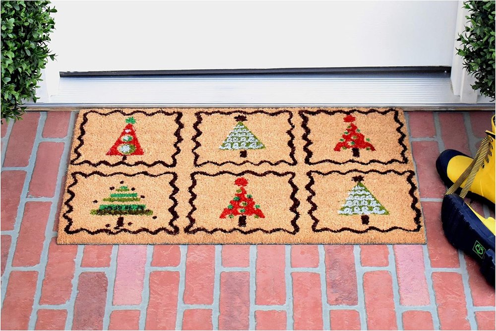 17" X 29" Natural Red and Black Coir Christmas Trees Outdoor Christmas Door Mat HomeRoots