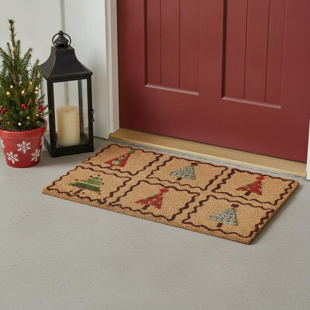 17" X 29" Natural Red and Black Coir Christmas Trees Outdoor Christmas Door Mat HomeRoots