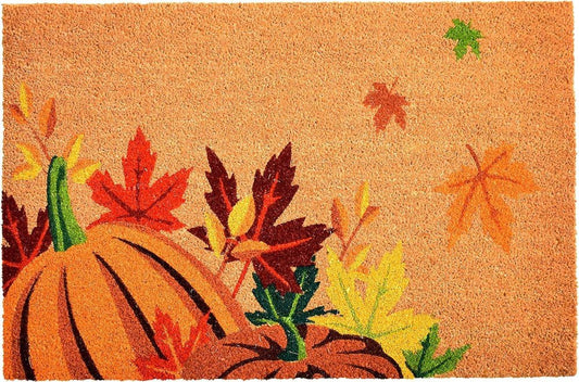 17" X 29" Natural Orange And Green Pumpkins and Leaves Outdoor Coir Door Mat HomeRoots