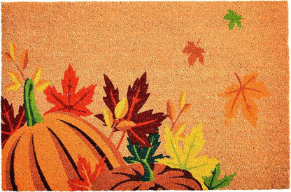 17" X 29" Natural Orange and Green Coir Pumpkins and Leaves Outdoor Fall Door Mat HomeRoots