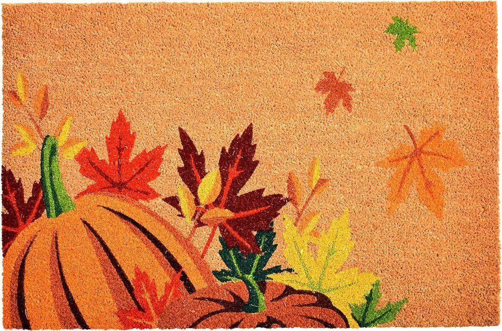 17" X 29" Natural Orange And Green Pumpkins and Leaves Outdoor Coir Door Mat HomeRoots