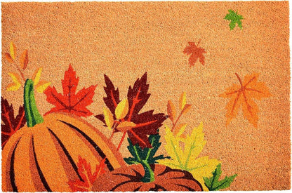 17" X 29" Natural Orange And Green Pumpkins and Leaves Outdoor Coir Door Mat HomeRoots