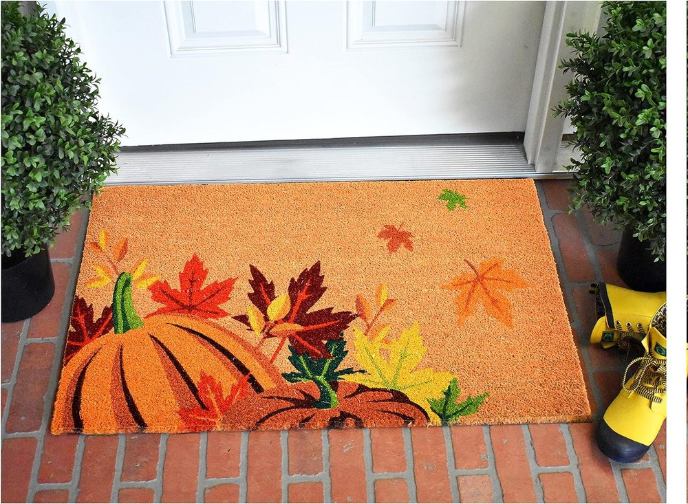 17" X 29" Natural Orange And Green Pumpkins and Leaves Outdoor Coir Door Mat HomeRoots
