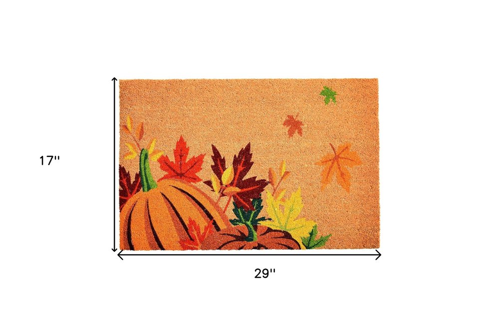 17" X 29" Natural Orange And Green Pumpkins and Leaves Outdoor Coir Door Mat HomeRoots