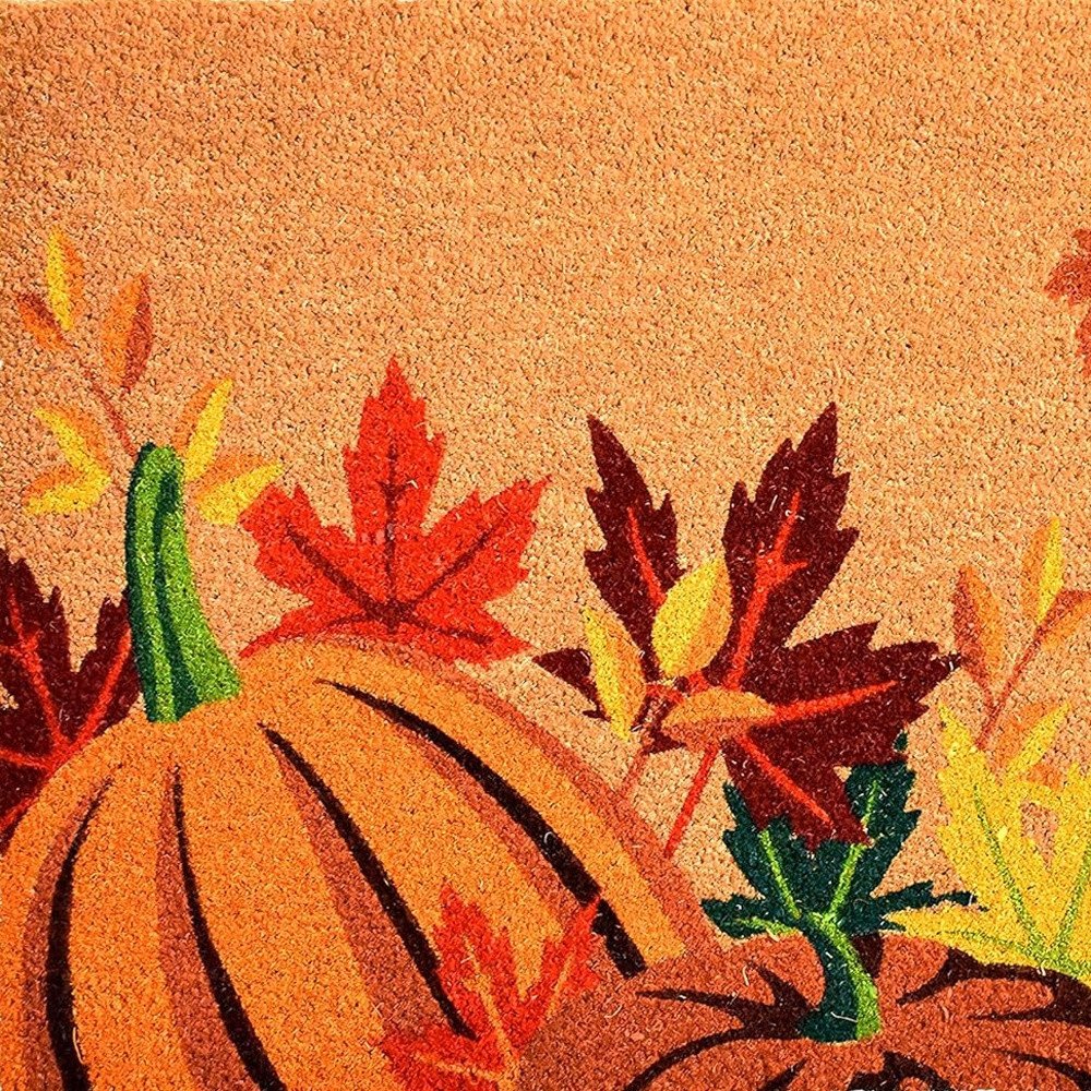 17" X 29" Natural Orange And Green Pumpkins and Leaves Outdoor Coir Door Mat HomeRoots