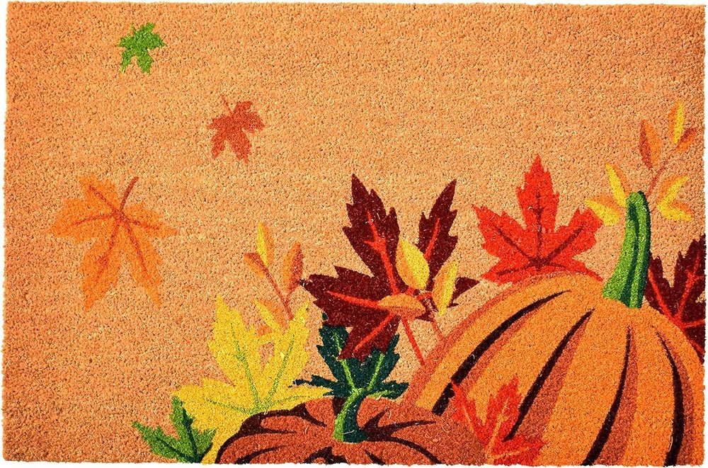 17" X 29" Natural Orange And Green Pumpkins and Leaves Outdoor Coir Door Mat HomeRoots