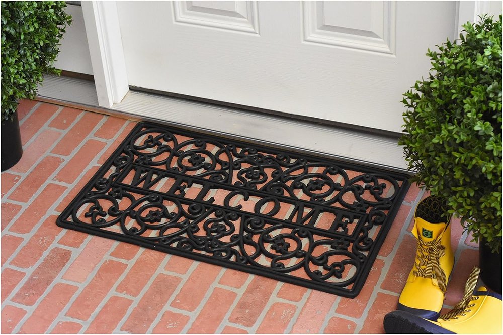 18" X 30" Black Rubber Scrollwork Welcome Outdoor Door Mat HomeRoots
