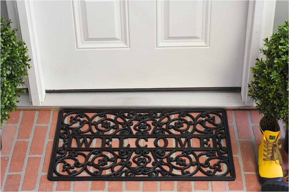 18" X 30" Black Rubber Scrollwork Welcome Outdoor Door Mat HomeRoots