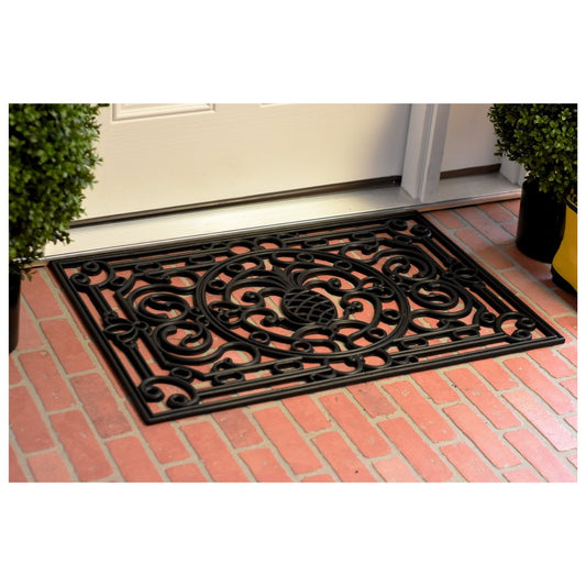 24" X 36" Black Pineapple And Scrollwork Outdoor Rubber Door Mat HomeRoots
