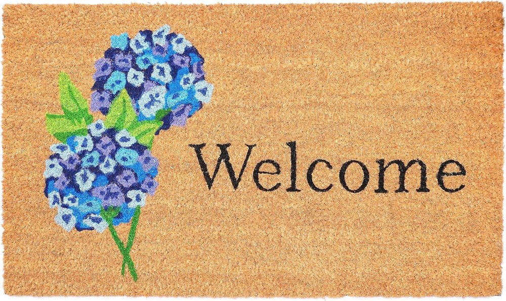 17" X 29" Natural and Blue Coir Floral Welcome Outdoor Door Mat HomeRoots