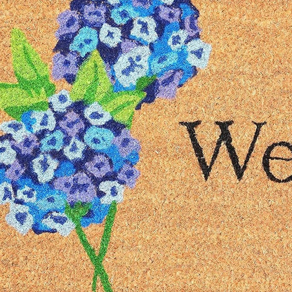 17" X 29" Natural and Blue Coir Floral Welcome Outdoor Door Mat HomeRoots