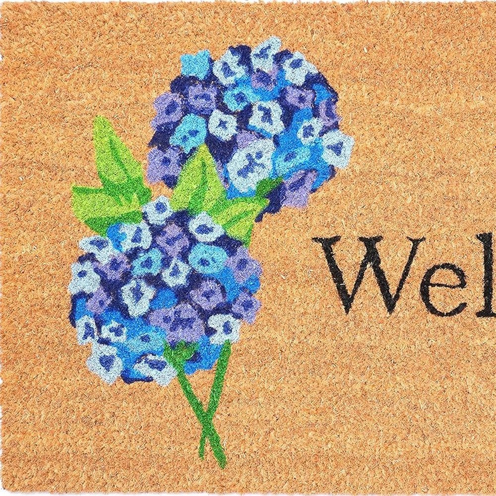 17" X 29" Natural and Blue Coir Floral Welcome Outdoor Door Mat HomeRoots