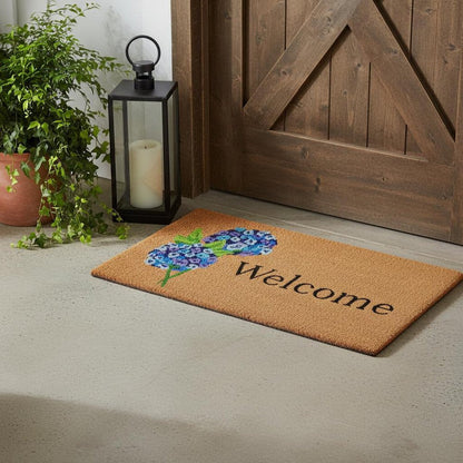 17" X 29" Natural and Blue Coir Floral Welcome Outdoor Door Mat HomeRoots