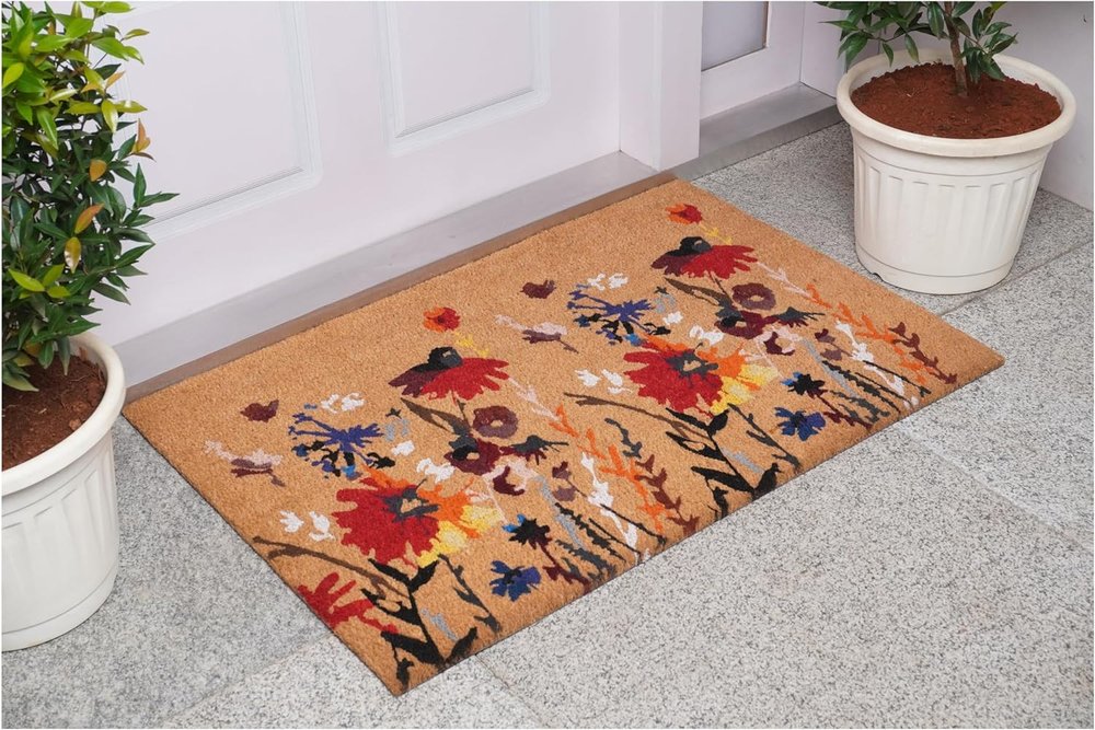 17" X 29" Natural Red and Yellow Coir Floral Outdoor Door Mat HomeRoots