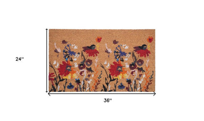 24" X 36" Natural Red and Yellow Coir Floral Outdoor Door Mat HomeRoots