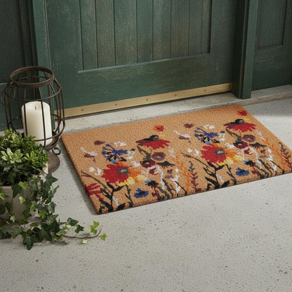 24" X 36" Natural Red and Yellow Coir Floral Outdoor Door Mat HomeRoots