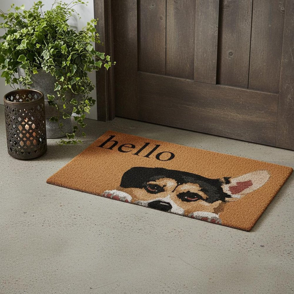 17" X 29" Natural Black and Brown Coir Welch Corgi Hello Outdoor Door Mat HomeRoots