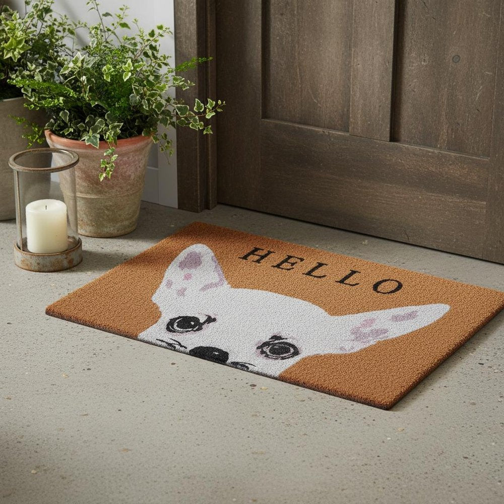 17" X 29" Natural Black and White Coir Chihuahua Hello Outdoor Door Mat HomeRoots