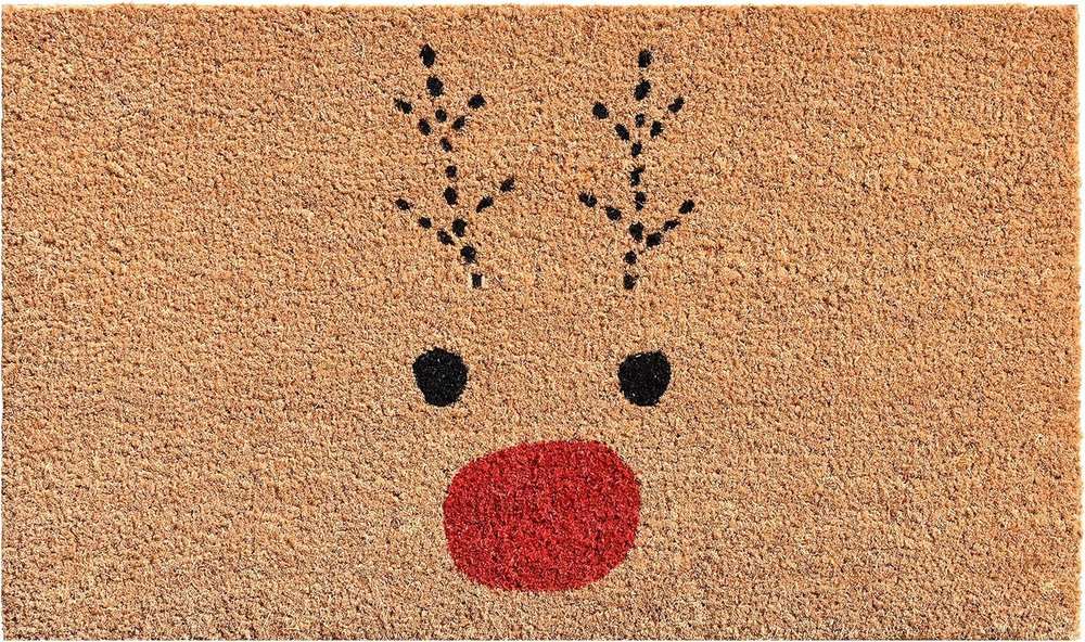 17" X 29" Natural Black and Red Coir Reindeer Outdoor Christmas Door Mat HomeRoots