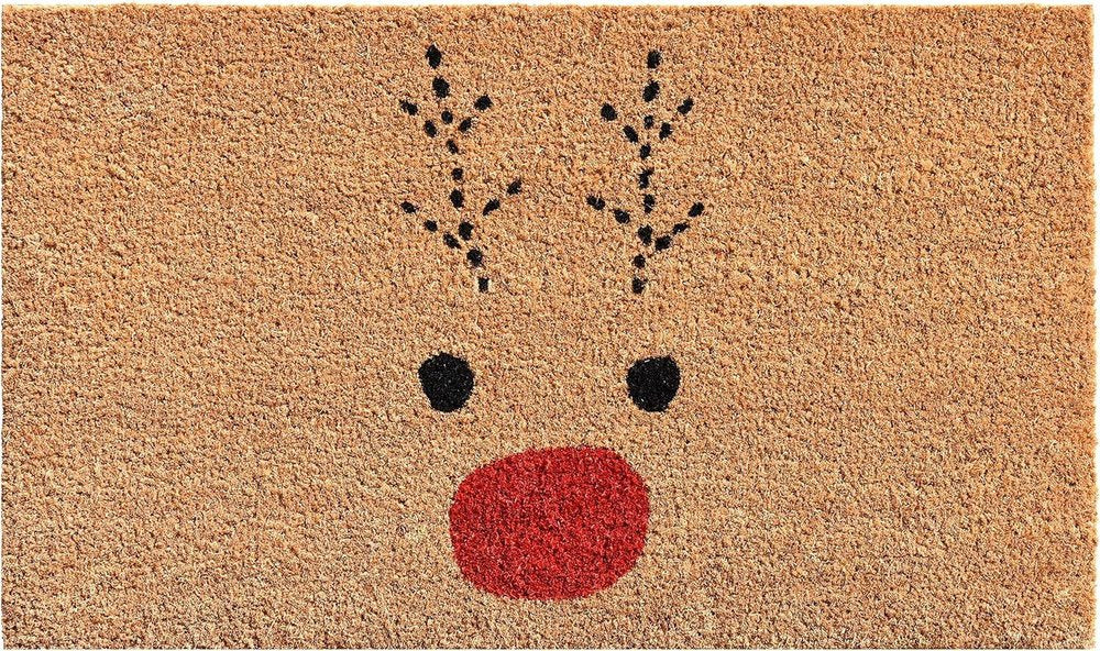 17" X 29" Natural Black and Red Coir Reindeer Outdoor Christmas Door Mat HomeRoots