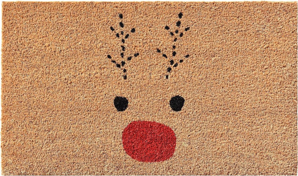 17" X 29" Natural Black and Red Coir Reindeer Outdoor Christmas Door Mat HomeRoots