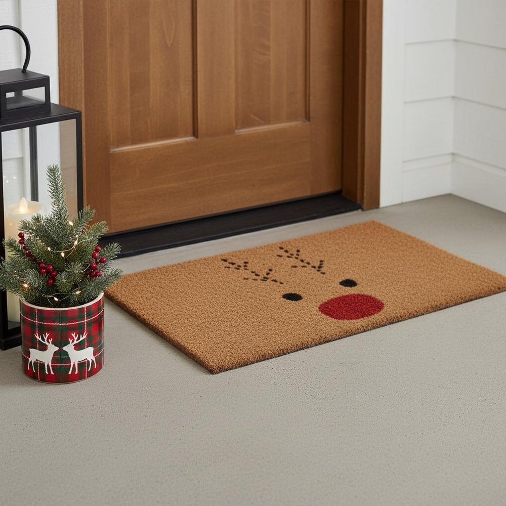 17" X 29" Natural Black and Red Coir Reindeer Outdoor Christmas Door Mat HomeRoots