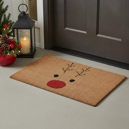 17" X 29" Natural Black and Red Coir Reindeer Outdoor Christmas Door Mat HomeRoots