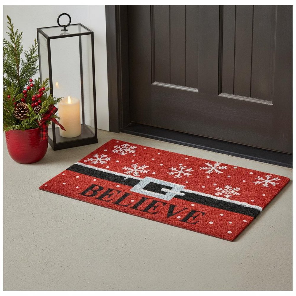 17" X 29" Red Black and White Coir Snowflake Believe Outdoor Christmas Door Mat HomeRoots
