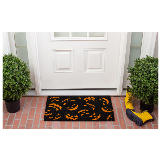 17" X 29" Black and Orange Coir Jackolantern Outdoor Halloween Door Mat