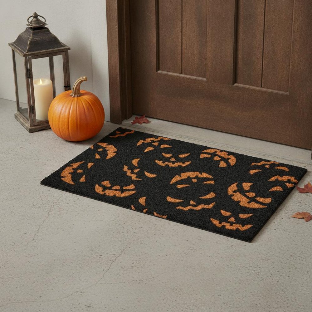 17" X 29" Black and Orange Coir Jackolantern Outdoor Halloween Door Mat HomeRoots