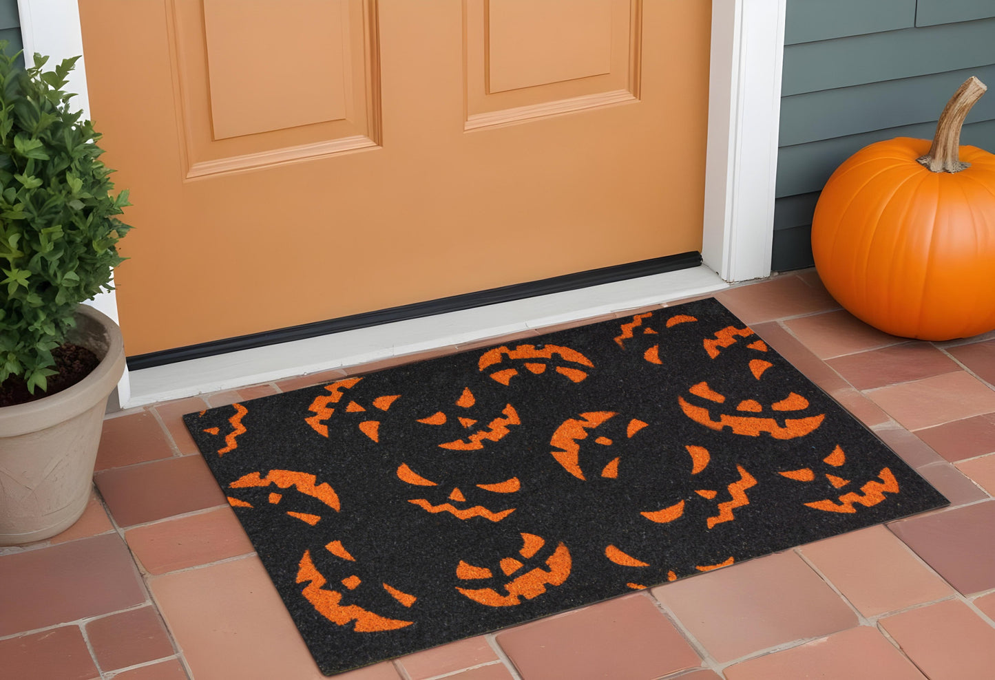 17" X 29" Black and Orange Coir Jackolantern Outdoor Halloween Door Mat