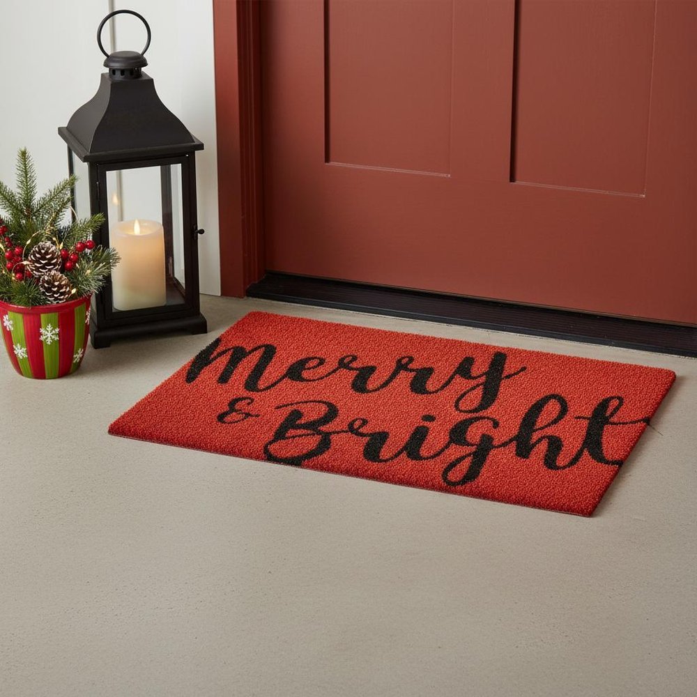 17" X 29" Red and Black Coir Merry and Bright Outdoor Christmas Door Mat HomeRoots