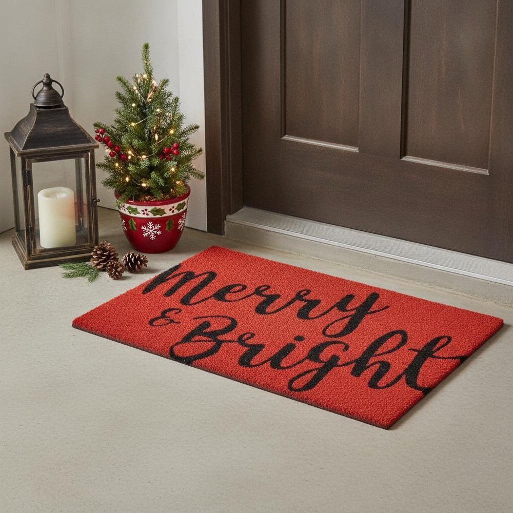 17" X 29" Red and Black Coir Merry and Bright Outdoor Christmas Door Mat HomeRoots