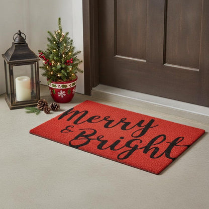 17" X 29" Red and Black Coir Merry and Bright Outdoor Christmas Door Mat HomeRoots