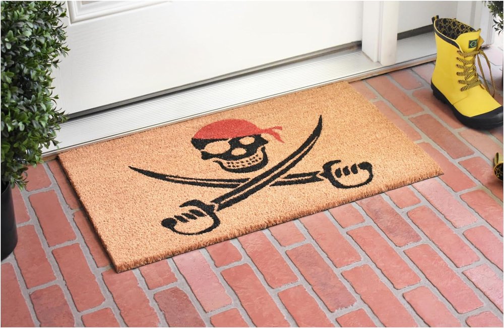 17" X 29" Natural Red and Black Coir Pirate Outdoor Door Mat HomeRoots