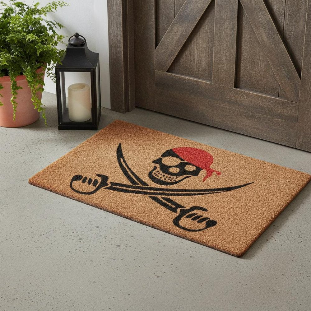 17" X 29" Natural Red and Black Coir Pirate Outdoor Door Mat HomeRoots