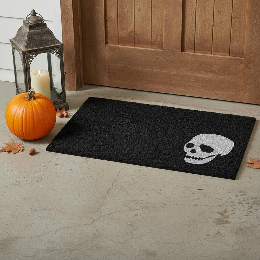 17" X 29" Black and White Coir Skull Outdoor Halloween Door Mat HomeRoots
