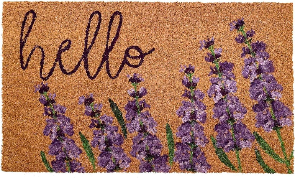 17" X 29" Natural Black and Purple Coir Floral Hello Outdoor Door Mat — view 1