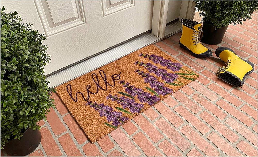 17" X 29" Natural Black and Purple Coir Floral Hello Outdoor Door Mat — view 2