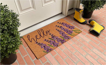 17" X 29" Natural Black and Purple Coir Floral Hello Outdoor Door Mat HomeRoots