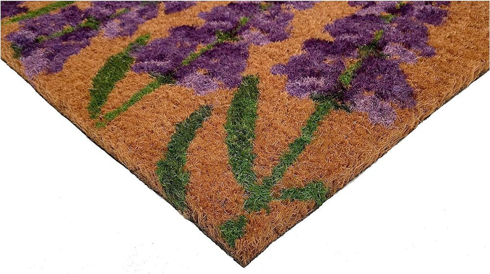 17" X 29" Natural Black and Purple Coir Floral Hello Outdoor Door Mat HomeRoots