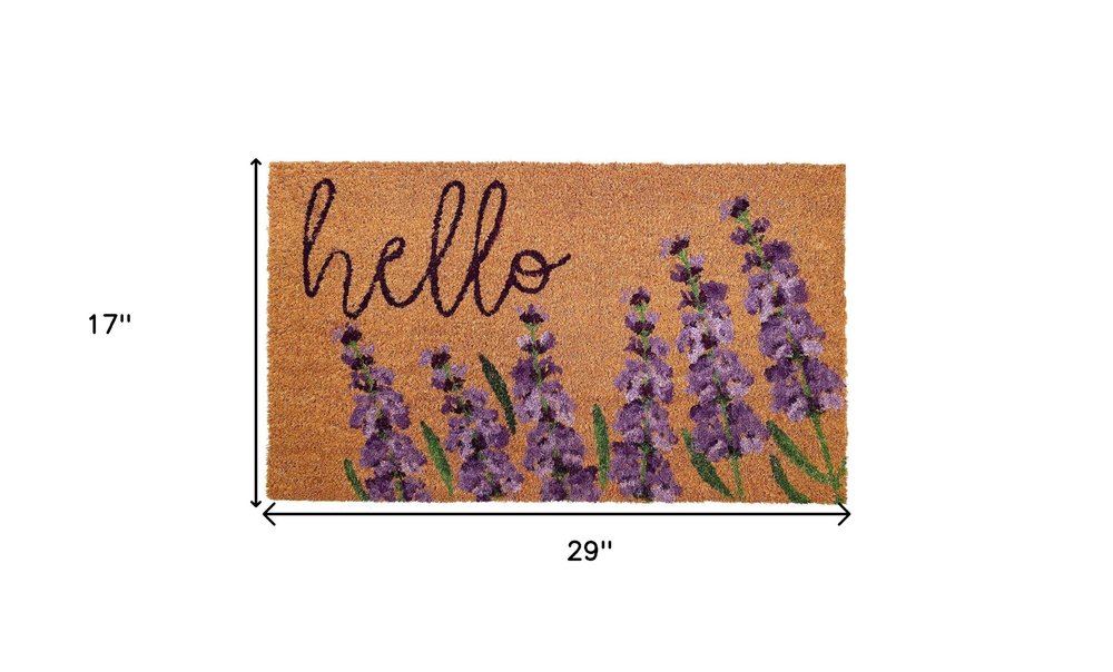 17" X 29" Natural Black and Purple Coir Floral Hello Outdoor Door Mat HomeRoots