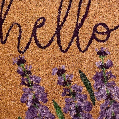 17" X 29" Natural Black and Purple Coir Floral Hello Outdoor Door Mat HomeRoots