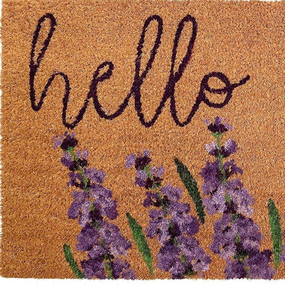 17" X 29" Natural Black and Purple Coir Floral Hello Outdoor Door Mat HomeRoots
