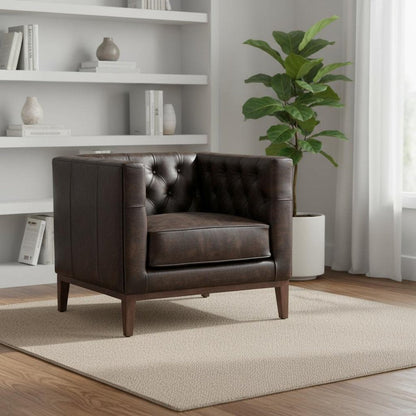 33" Brown and Black Antiqued Top Grain Leather Tufted Club Chair HomeRoots