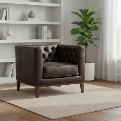 33" Brown and Black Antiqued Top Grain Leather Tufted Club Chair HomeRoots