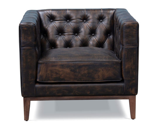 33" Brown and Black Antiqued Top Grain Leather Tufted Club Chair