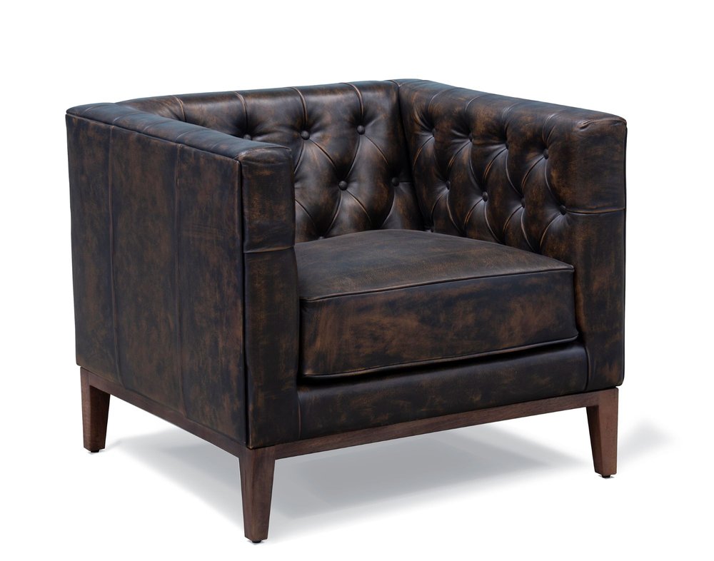 33" Brown and Black Antiqued Top Grain Leather Tufted Club Chair HomeRoots