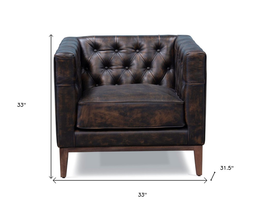 33" Brown and Black Antiqued Top Grain Leather Tufted Club Chair HomeRoots